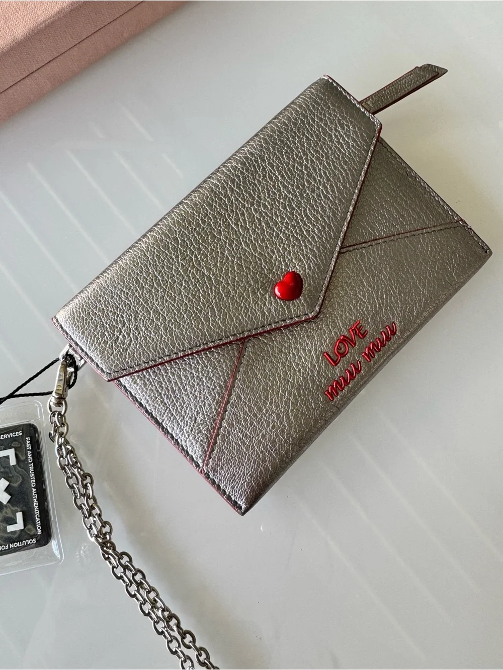 Miu Miu Metallic Envelope Card Holder with Red Heart Detail